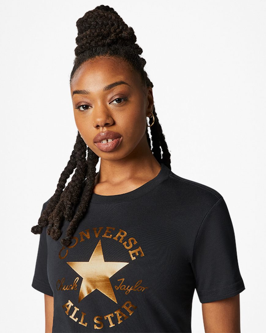 Camiseta Converse Metallic Chuck Taylor Patch Classicos Fit Feminino Pretas | PT Z0P5409